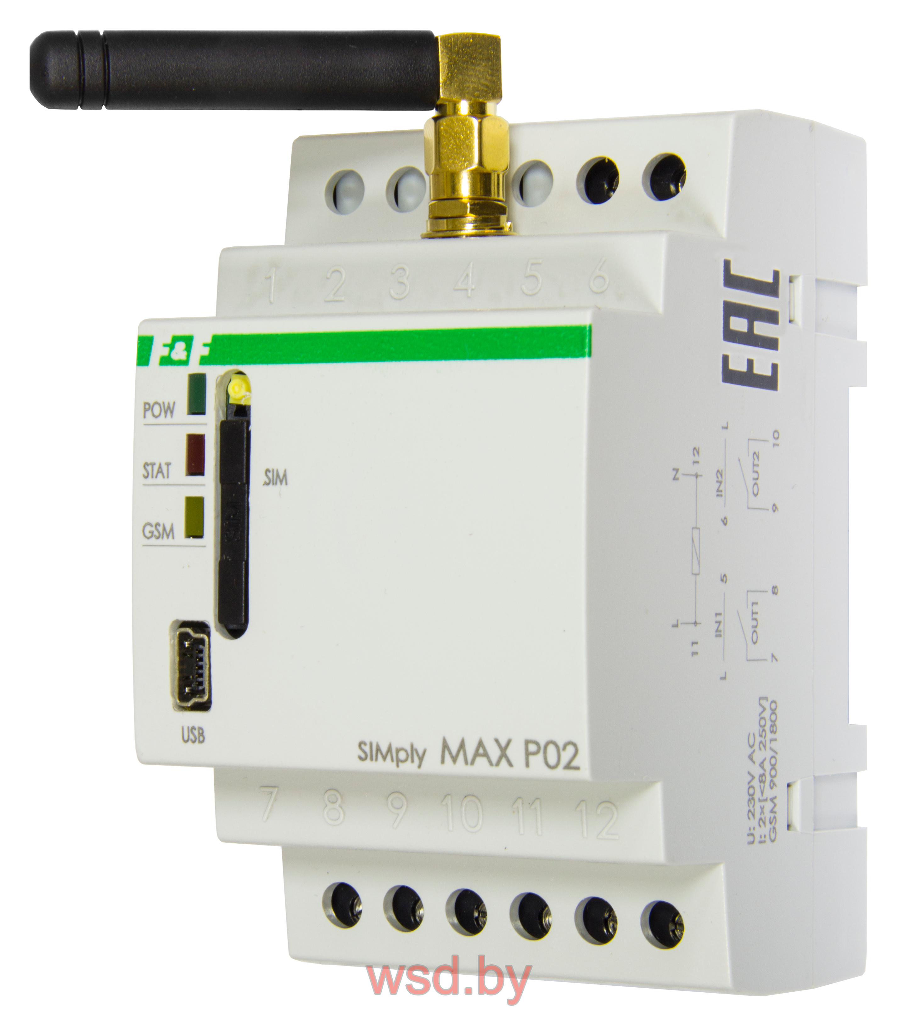 SIMply MAX P01 Реле дистанционного управления, встроенный GSM-коммуникатор, 2 входа и 2 выхода. Реле для дистанционного контроля состояния и управления удалёнными объектами с помощью SMS, 3 модуля, , монтаж на DIN-рейке 230В АC IP20